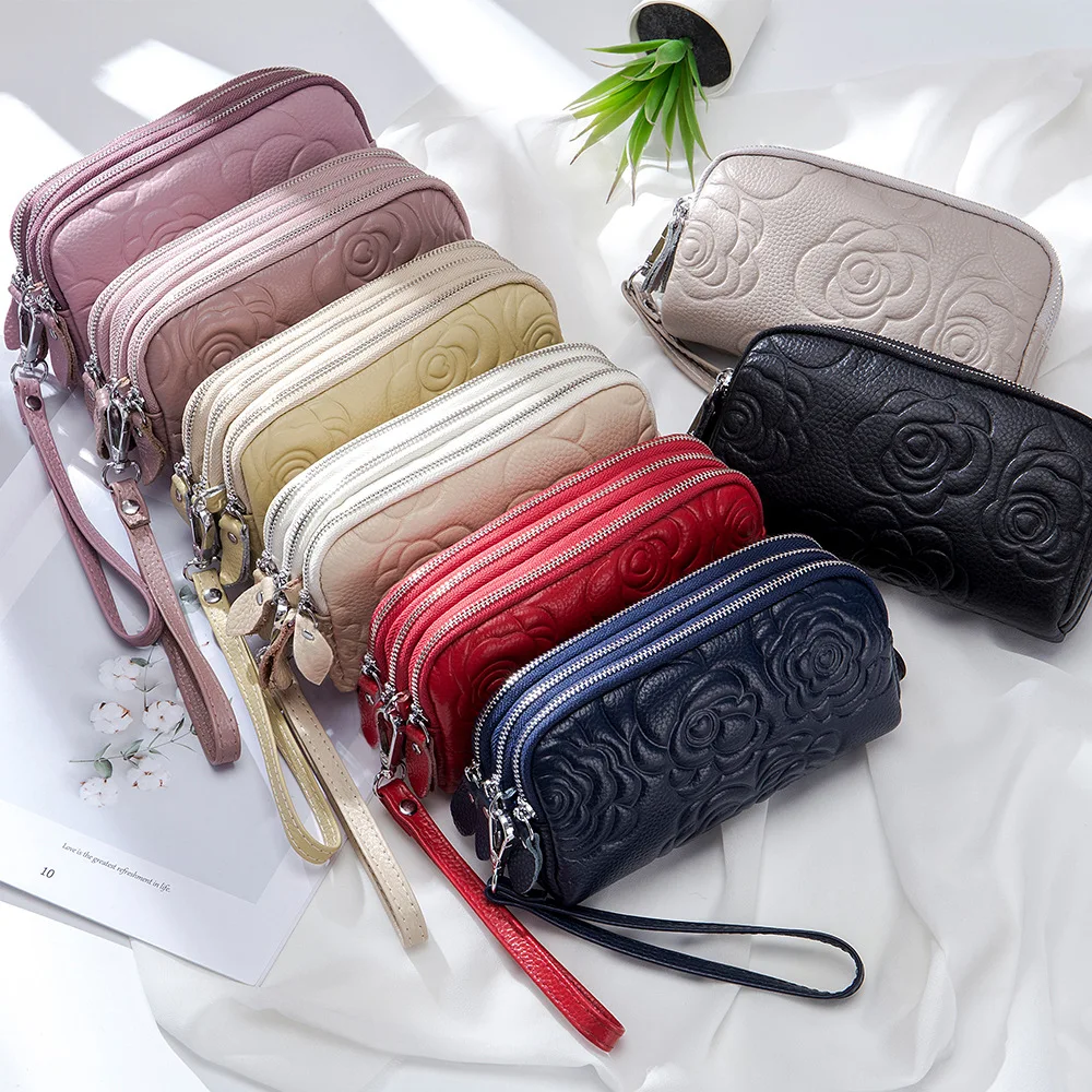 Genuine LEATHER Coin Wallet Triple Zip Women Zipper Pouch Keychain Floral Clutch Bag Cell Phone Bag Luxury Clutch Bag