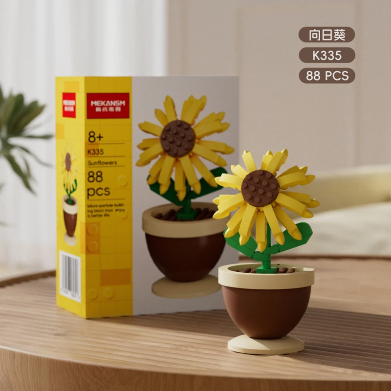 Bausteine, Blumentöpfe, Rosen, Sonnenblumen, Nelken, Mikro-Granulat, Lernspielzeug für Kinder zum Zusammenbauen, Dekorationen – Detail 9