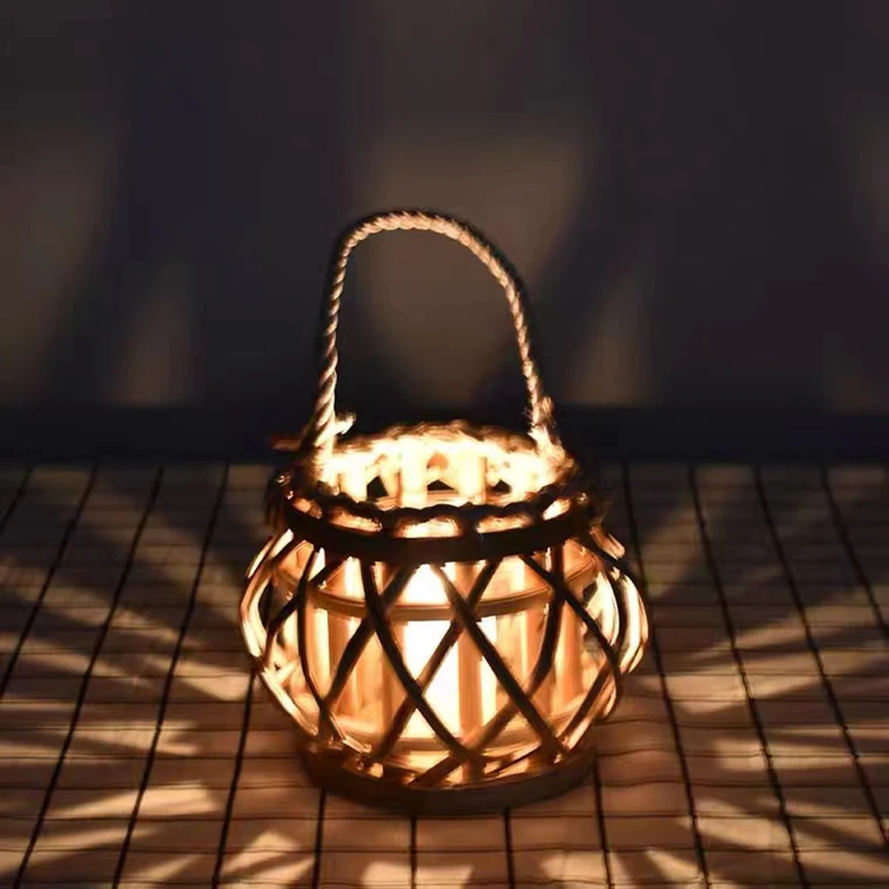 Wicker Lantern Electronic Candle Holder Hanging Windproof Crafts Festival Home Decor Round Wedding Vintage Wooden Candlestick
