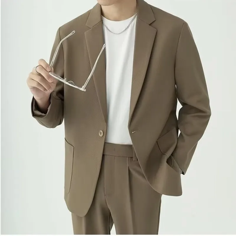 

Men Loose Casual Suit 2 Piece Set High Drape Solid Blazer Straight Trouser Elegant Business Office Outfit Daily Wear Formal Suit