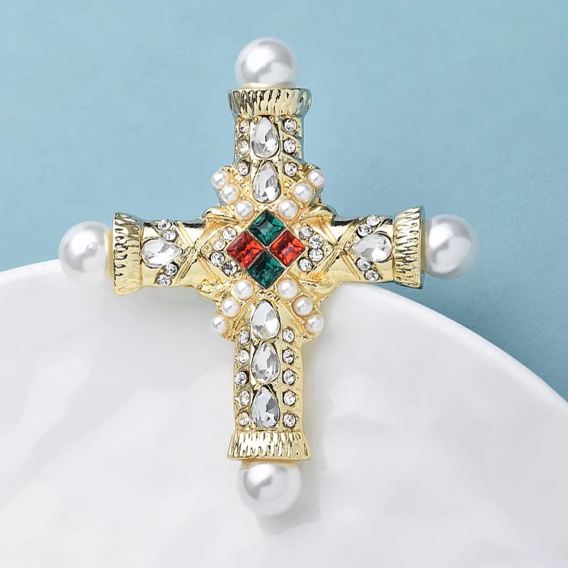 Wuli&baby Palace Style Cross Brooches For Women Men Pearl Rhinestone Baroque Cross Party Casual Brooch Pins Gifts