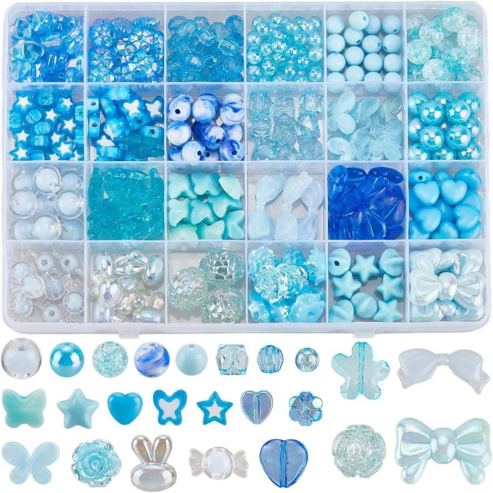 432Pcs 24 Styles Blue Acrylic Beads Friendship Bracelet Making Kit Cute Summer Winter Holiday Heart Star Flower Loose Spacers