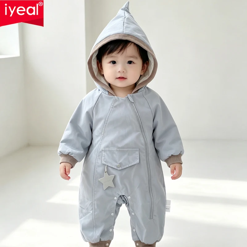 IYEAL Baby Pointed Hooded Romper, Thick Warm Long Sleeve Zipper Jumpsuit with Star Pendant, Infant One Piece Outfit for Autumn
