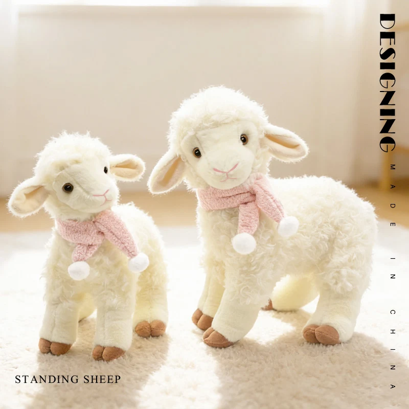 Adorable Plush Sheep Standing Pose Cream White With Pink Scarf And White Pompoms Brown Hooves Soft Cuddly Sweet Display