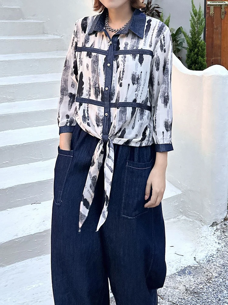 Women Pattern Printed Bandage Big Size Casual Blouse New Lapel Long Sleeve Shirt Fashion Tide Spring Autumn