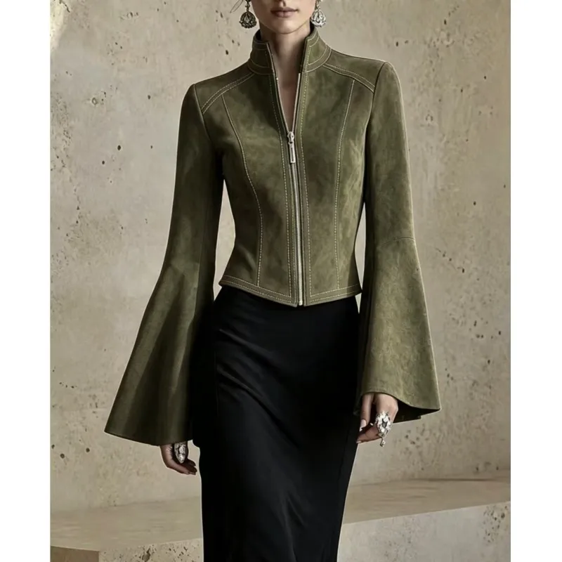 2026 Fashion Suede Jacket Casual Zipper Up Flare Sleeve Slim Fit Motorcycle Coat Vintage Autumn Winter Fashion Outerwear Tops