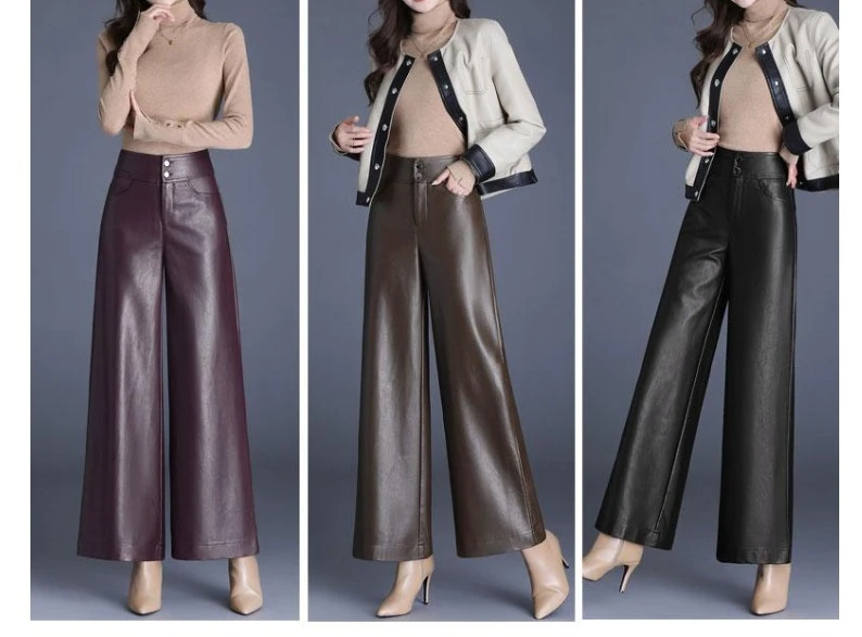 

Wide Leg Pants Women's High Waist Thickened Loose Big Foot Straight Pants Wear Pu Leather Casual Pants Clothes Plus Size