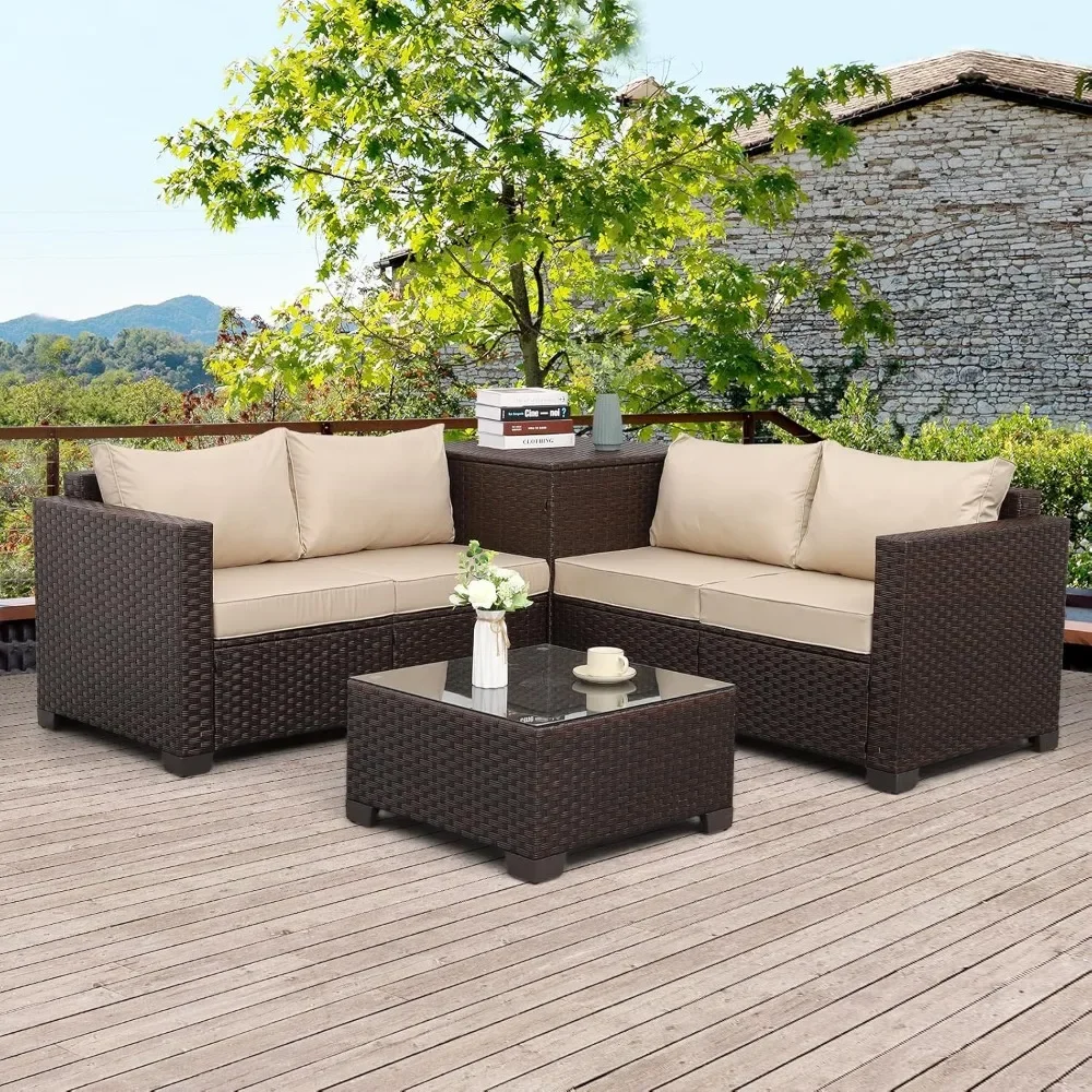 

Outdoor Patio Furniture Set 4 Piece Brown Rattan Sectional Sofa Couch PE Wicker Conversation Sets with Storage Box Glass Top Ta