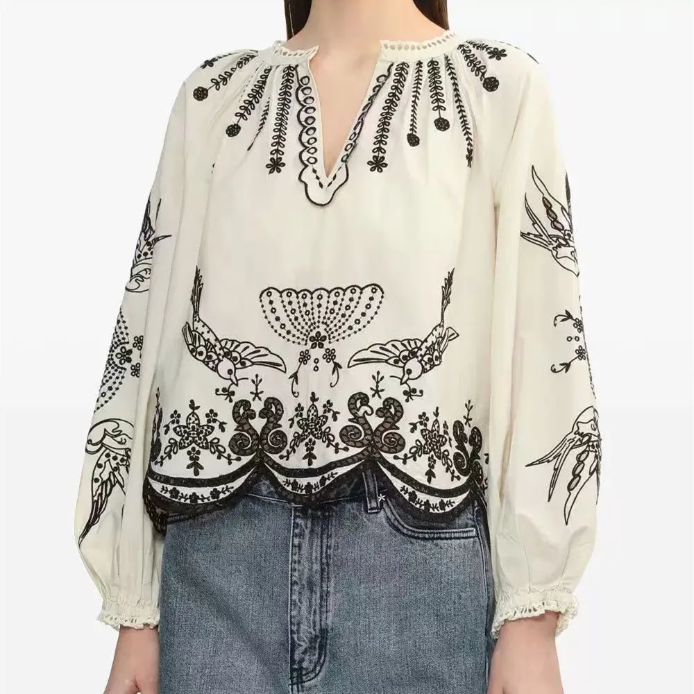 2025 Spring Summer Women Cotton Blouse Animal Floral Embroidery Top Ethnic Style Long Puff Sleeve Lady V-neck Shirt