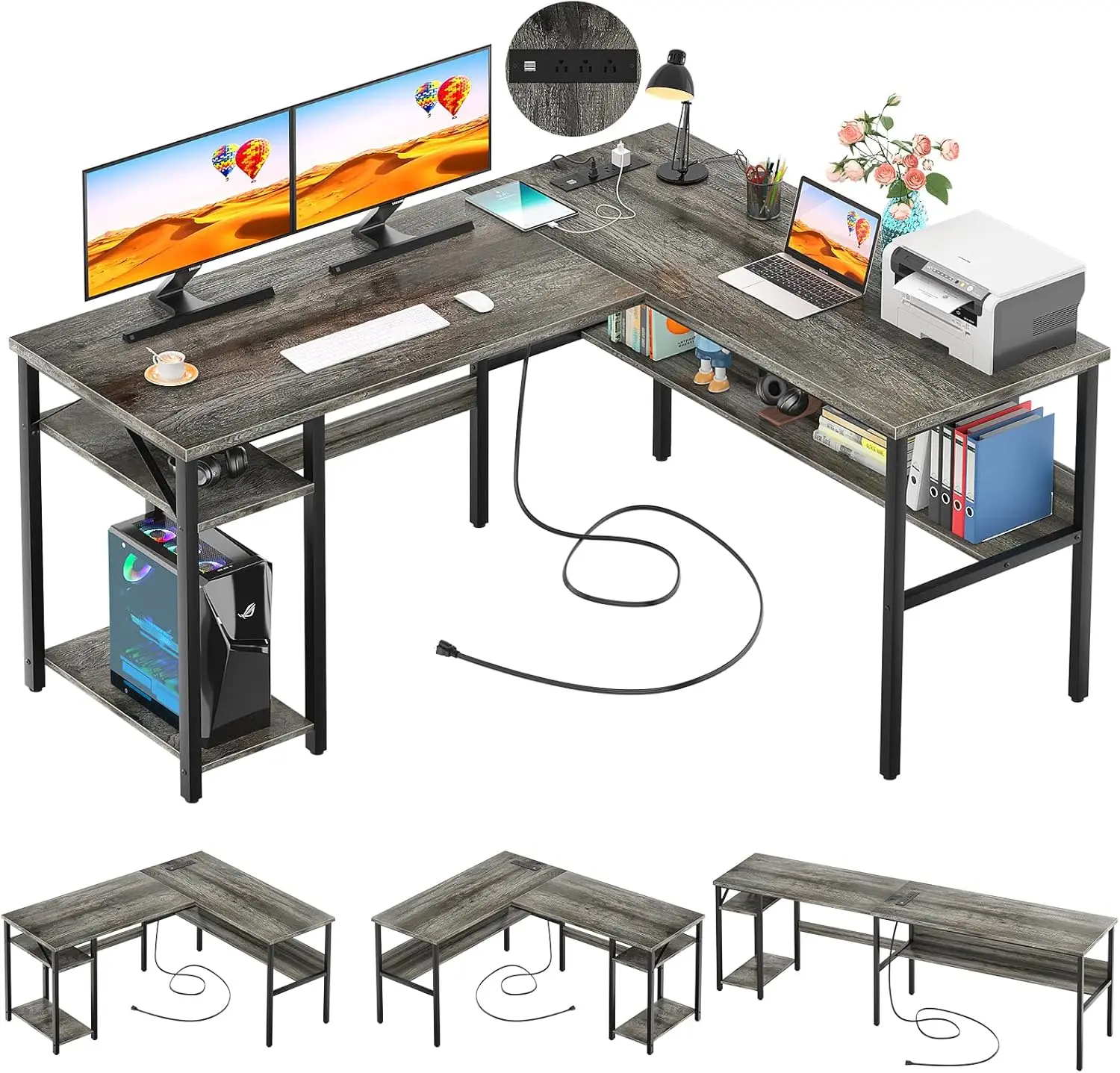 

Reversible L-Shaped Desk with Power Outlets & USB Ports, Sturdy Corner Computer Desk with Storage Shelves, Easy Assembly