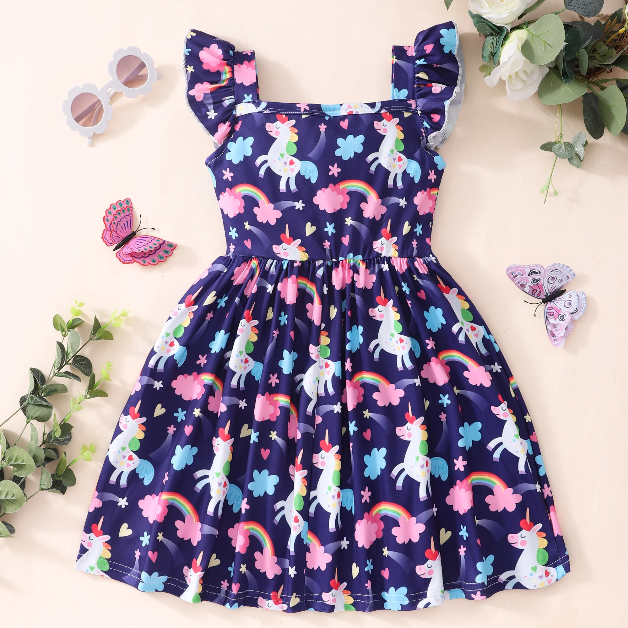 Unicorn Full Print Girls Square Neck Ruffle Straps Holiday Casual Dress