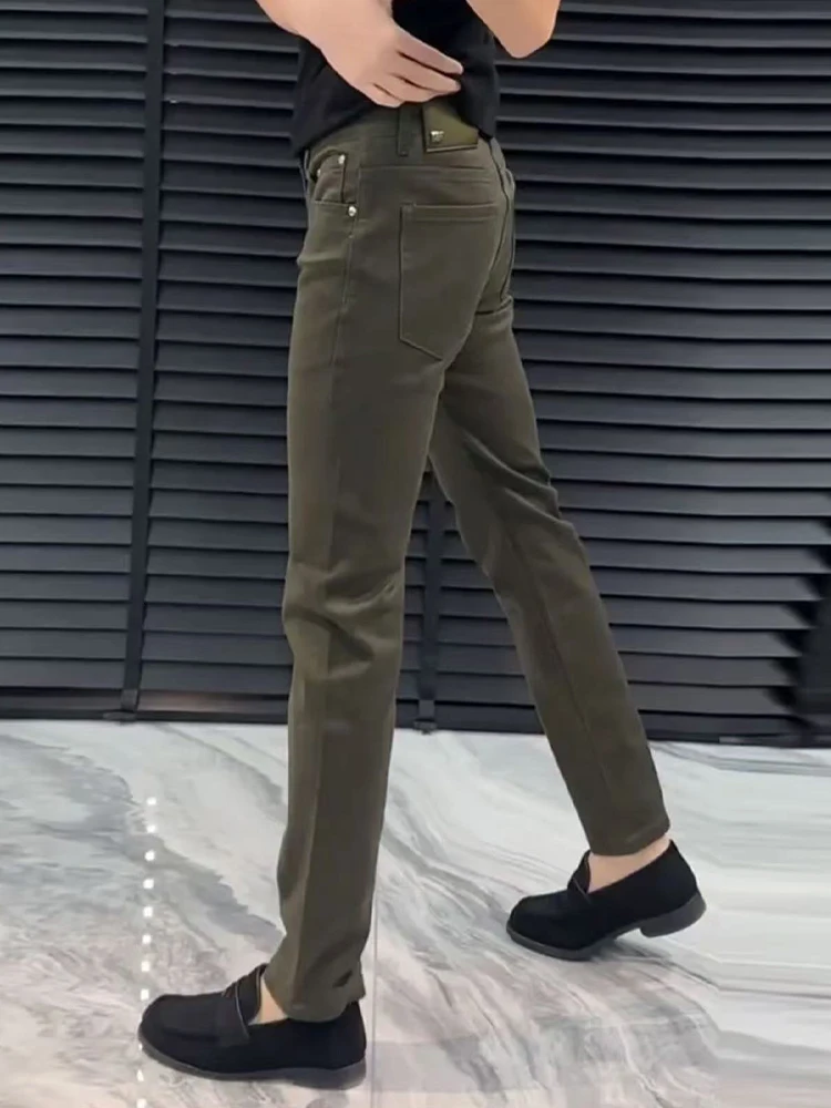 

Зимние мужские джинсы, модные облегающие прямые брюки, однотонные, универсальные, длинные брюки с высокой талией, современные повседневные брюки...