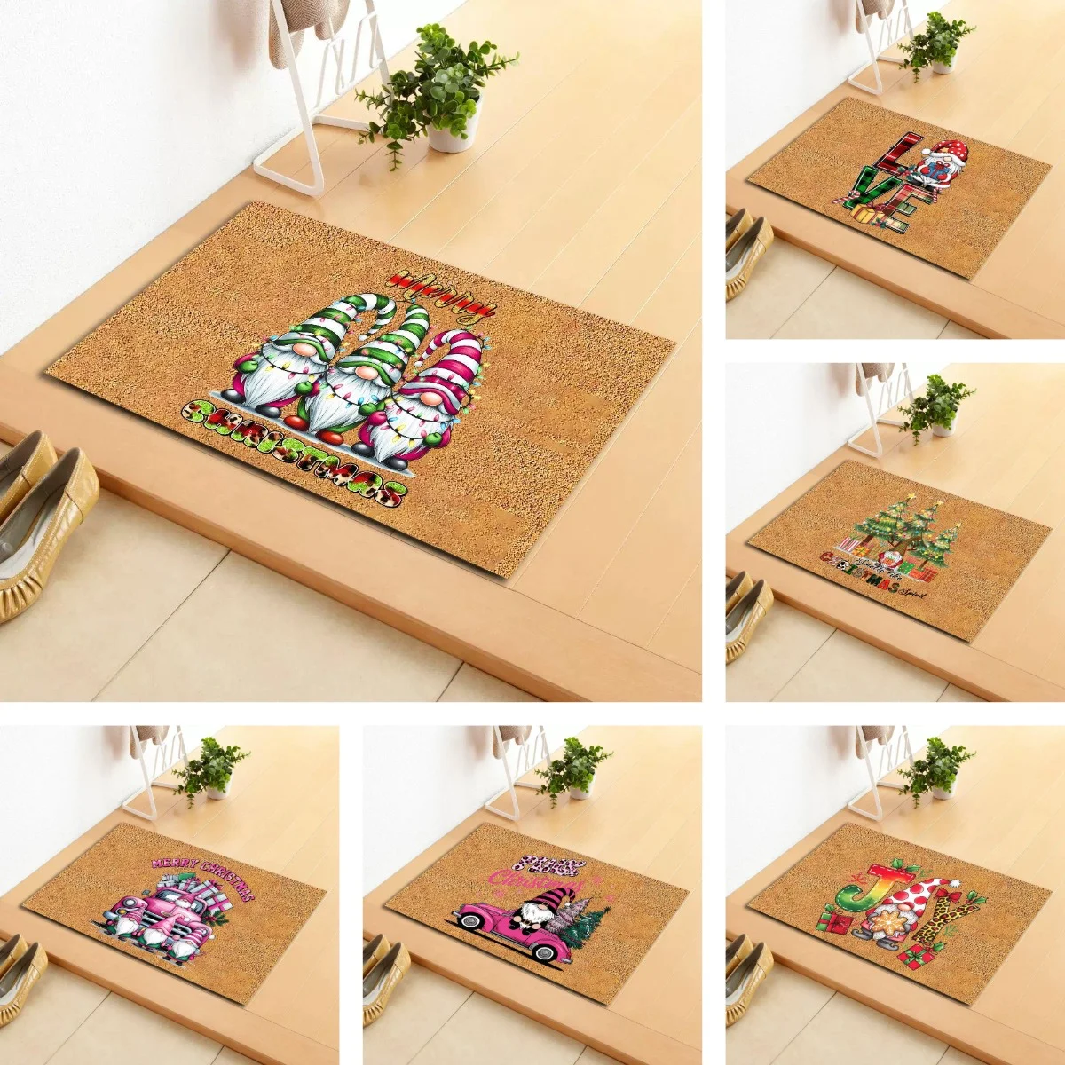 VIKAMA Merry Christmas Gnome Welcome Mat Washable Door Rug for Porch Dining Room Festive Home Decoration