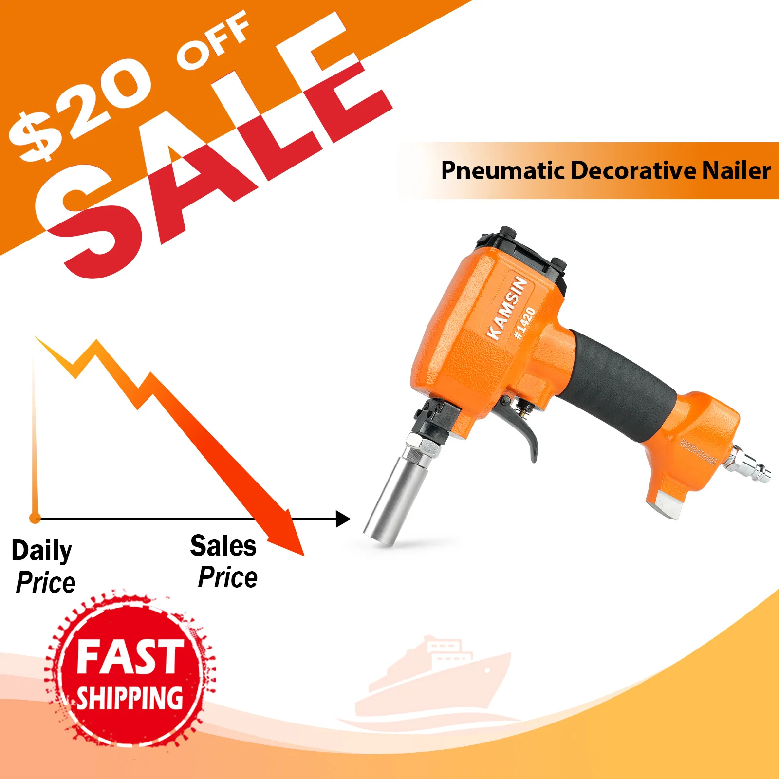 KAMSIN Pneumatic Decorative Pin Nailer with Loading Board, Finish Upholstery Tacks Stapler for Furniture