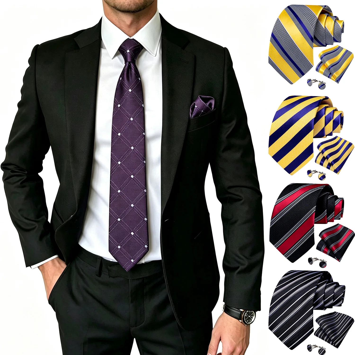 Striped Mens Tie Set 3 Piece, Necktie Pocket Square Cufflinks Set For Business Wedding Formal Events