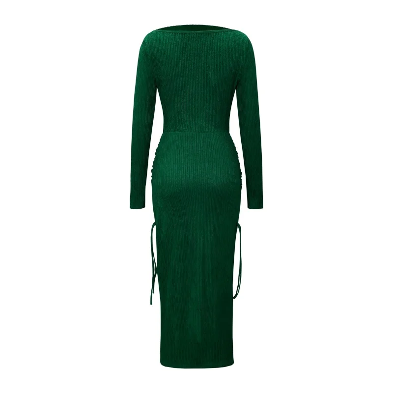 Damen-Midikleid mit schulterfreiem Schnitt, langen Ärmeln, figurbetontem Schnitt, strukturierter Strickoptik, geraffter Taille, seitlichem Kordelzug, schmaler Passform, für Partys und Abendveranstaltungen, Dropshipping – Detail 11