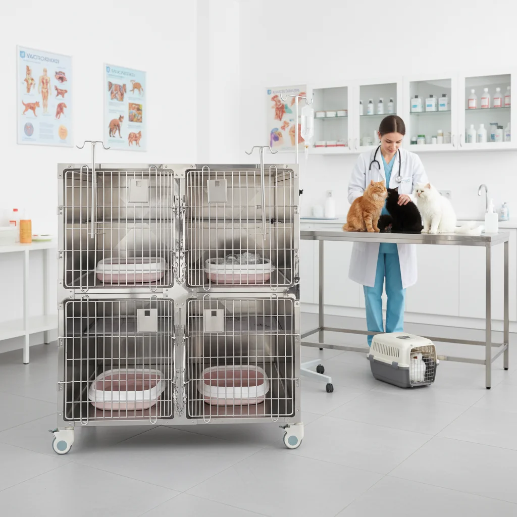 

Wholesale 304 Stainless Steel 4-Compartment Cage Durable Pet Cage for Hospital & Home