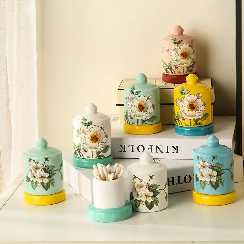 

Ceramic Toothpick Holder Cotton Swab Box Living Room Table Flower Decoration Toothpick Box Home Use Candy Nuts Storage Jar New