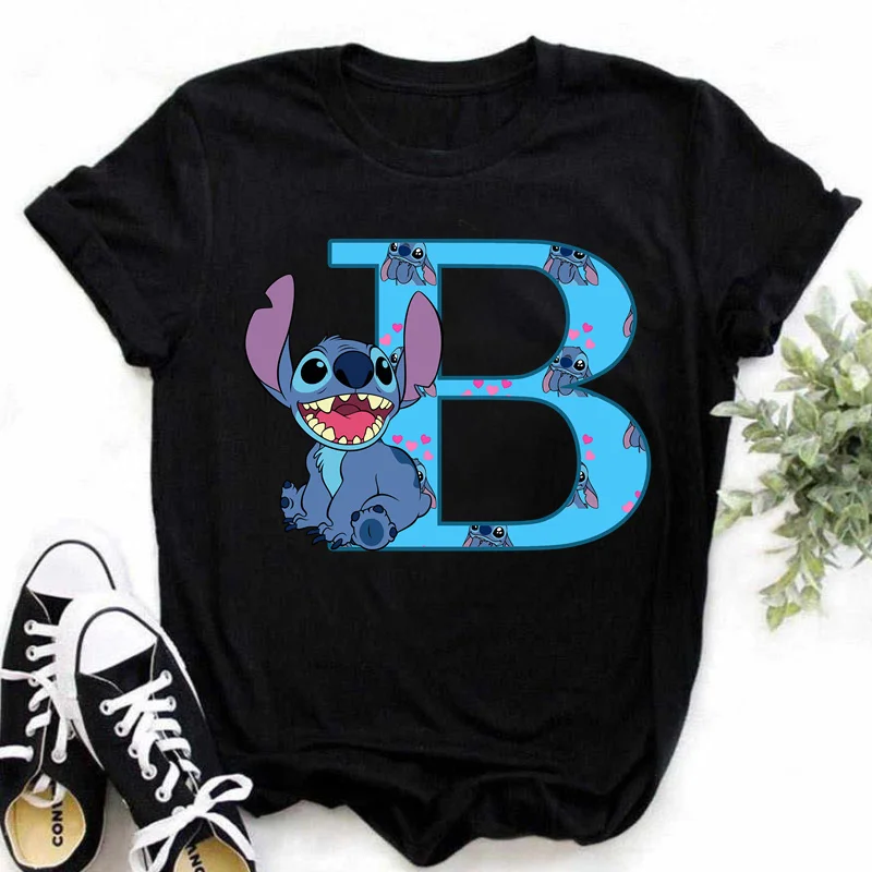 Disney Lilo&Stitch A-Z Alphabet Summer Women's Printed T-Shirt Women's Casual Tops T-Shirt Fashion Cartoon Plus Size T-Shirt