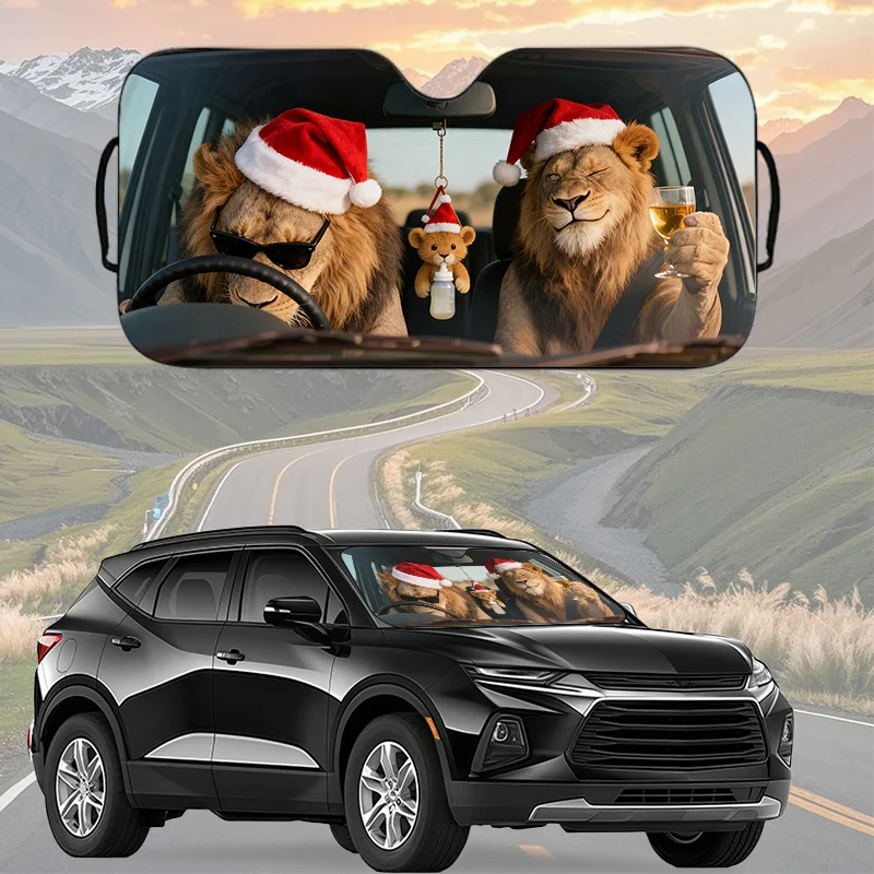 Pare-soleil de pare-brise de voiture drôle et chapeau de père noël, conduite mignonne avec du père noël, Polyester Durable, adapté à tous les