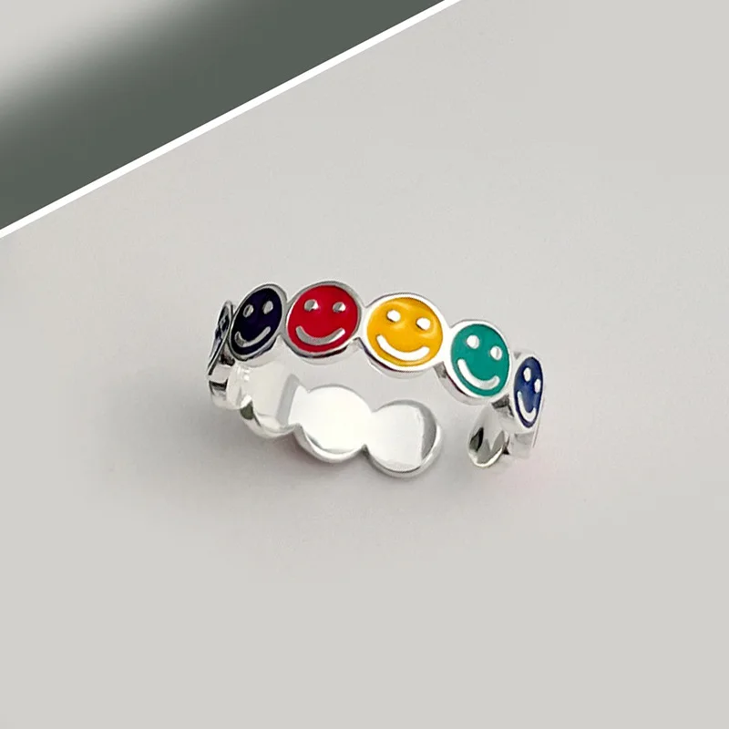 Best Sell Fashion Colorful Smile Face Design Thai Silver Female Ring Promotion Jewelry For Women Never Fade Gifts