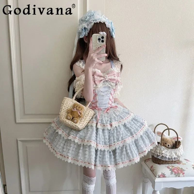 Senhora estilo japonês design original lolita vestido de cintura alta princesa doce jsk cinta vestido para mulheres gola arco vestido bonito
