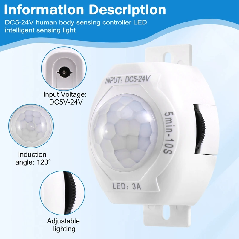 PIR Infrared Motion Sensor Detector DC5-24V Auto On Off Timer Switch Home LED Light Body PIR Motion Sensor Lamp(White)