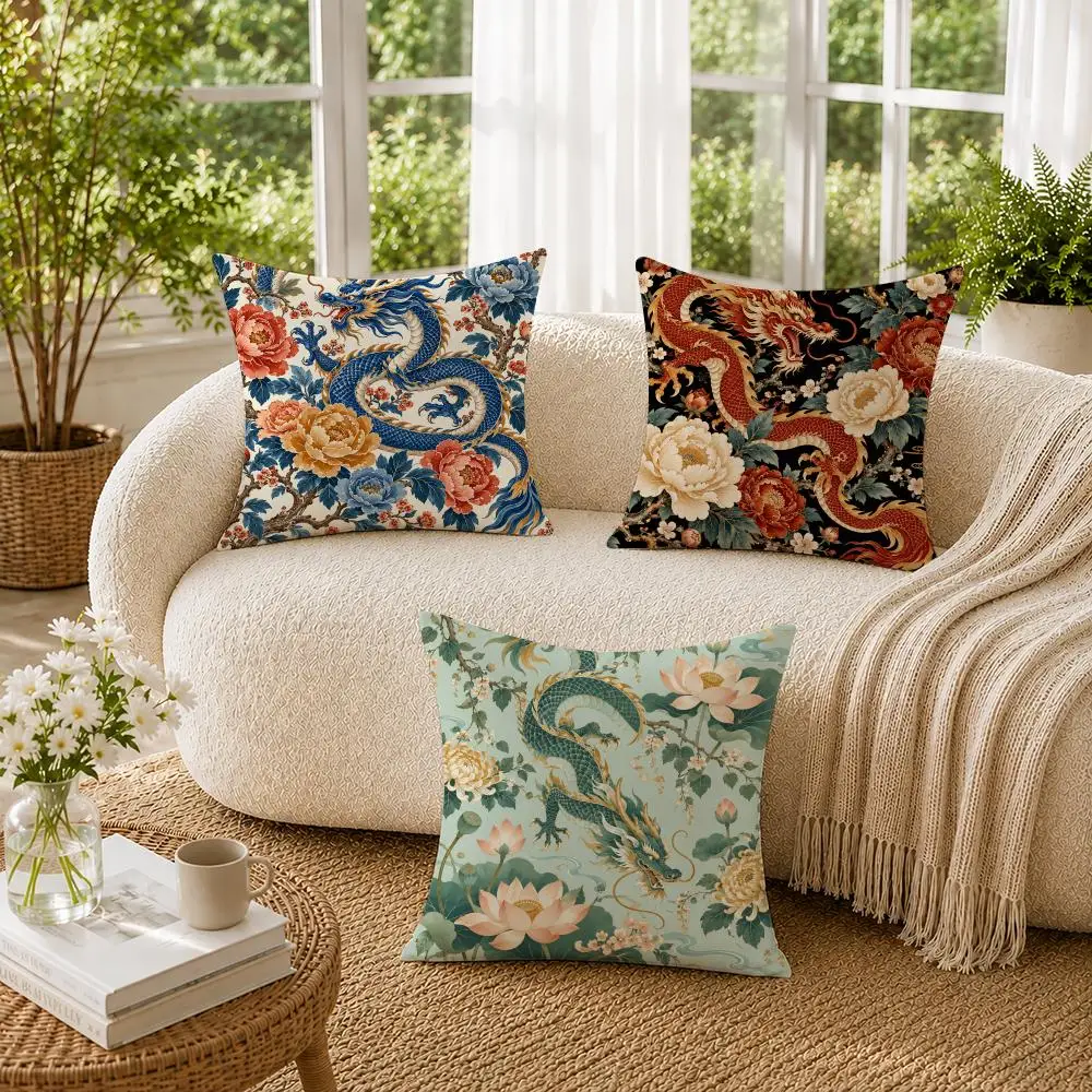 Dragon Chinoiserie Asian Culture Pattern Cushion Cover Soft Pillow Cases Hidden Zipper Cutecore Sofa Bedroom Home Decor Gift
