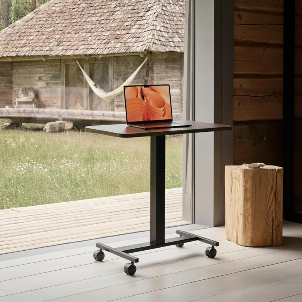 Rolling Laptop Standing Desk, Height Adjustable Mobile T-Desk with Lockable Casters, Walnut