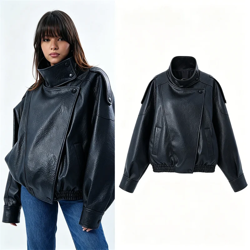 

Women's Jacket New Black Long Sleeve Pebble Faux Leather Jacket Motorcycle Style Personality Fashion Outdoor Jacket