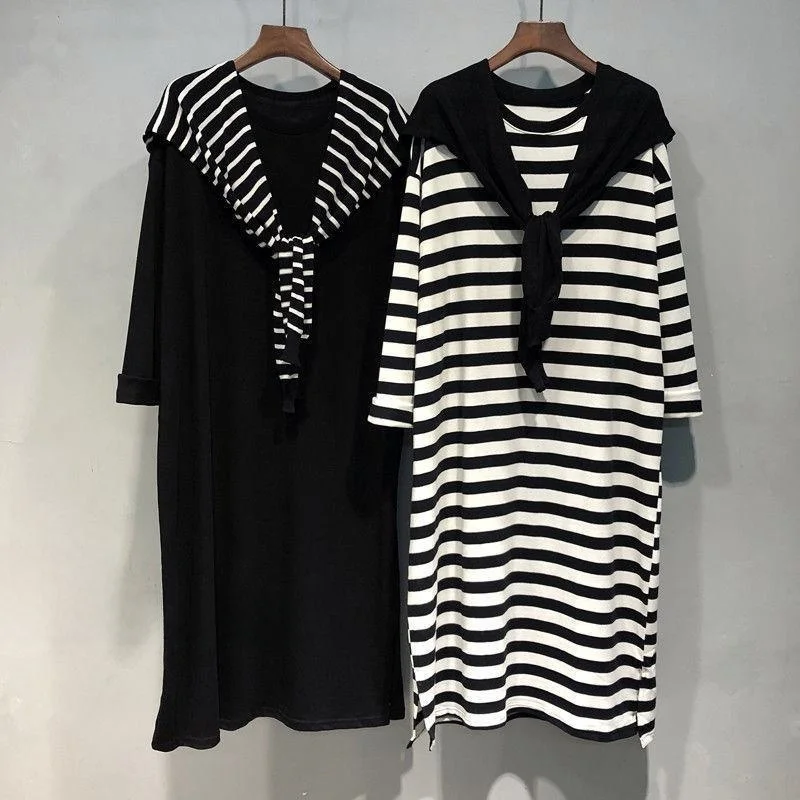 

plus Size Women's Knitted Dr Knee-Length Midi Skirt Spring Autumn Seasonal Two-Piece Set Five-Quarter Sve Striped Pattern