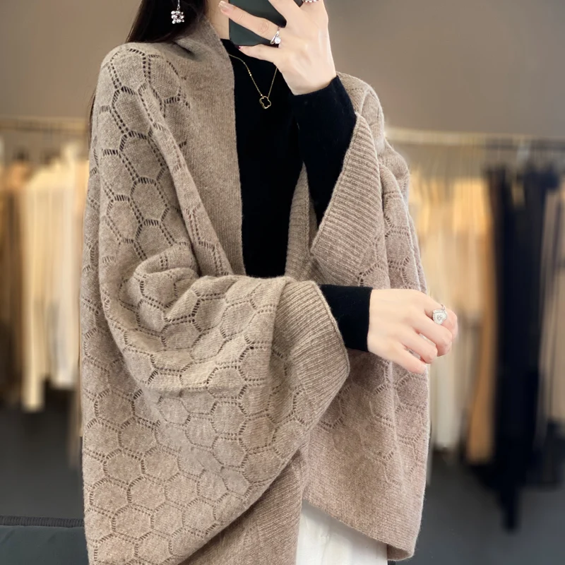 100% Merino Wool New Fashion Spring Cardigan For Women Grace Soft  Knitted Scarf Hollow out Spherical Design Korean Style Shawls