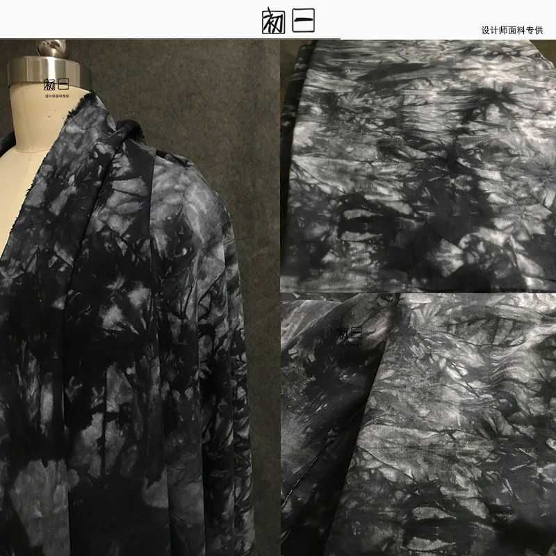 Washed Denim Splashed Ink Tie Dyed Fabric Black White Coat Skirt Fashion Clothing Designer for Sewing Wholesale Material Cloth