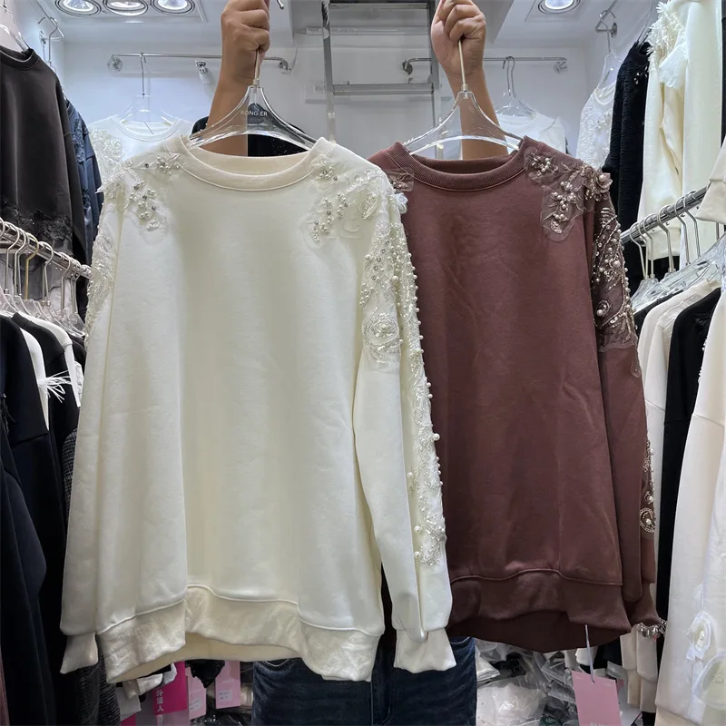 

Весенне-осенняя свободная толстовка с капюшоном, инкрустированная бисером и бриллиантами, дизайн тяжелой промышленности, универсальный топ с круглым вырезом и длинными рукавами