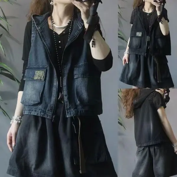 Women's Hooded Denim Vest for Autumn Wear Korean Version Loose and Stylish Versatile and Slimming Camisole Jacket