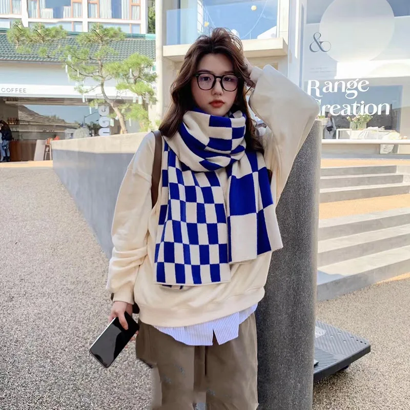 Autumn and Winter Women\'s Chessboard Checkered Woolen Warm Scarf Thickened Knitted Shawl Fashion Outdoor Scarf Luxury Brand H178