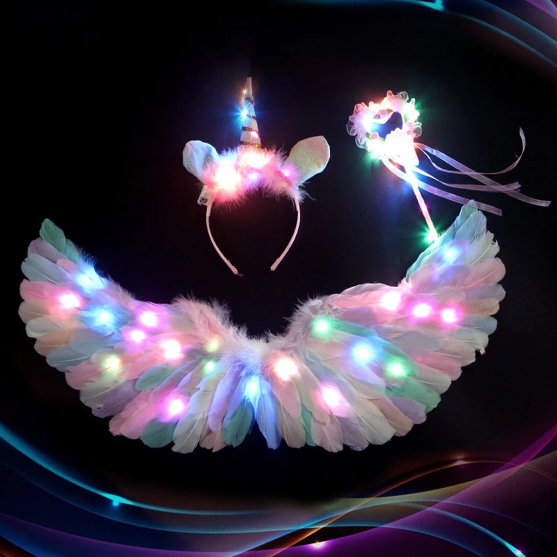 Glowing angel wings children's back decoration magic wand flower fairy glowing toy three-piece set feather wings props