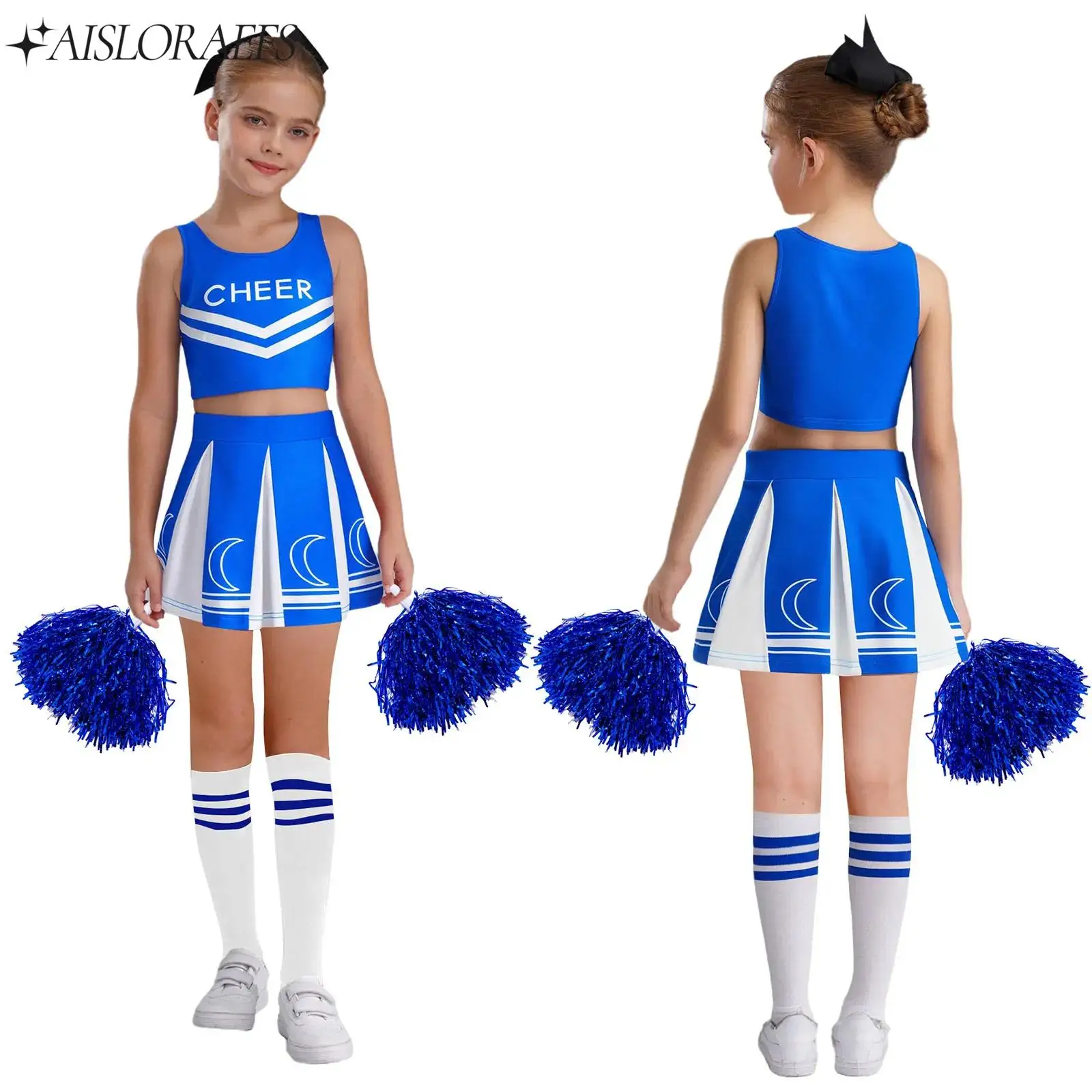 

Girls Cheerleading Dance Uniform Performance Outfit Child Round Neck Letter Print Cheerleader Outfit Halloween Cosplay Costume