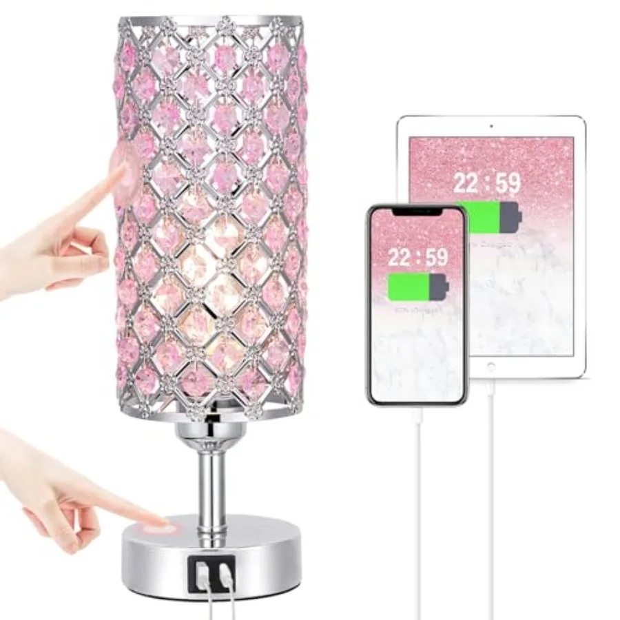 

Crystal Table Lamp, Touch Lamp with USB C+A Ports, 3 Way Dimmable Bedroom Light with Crystal Shade, Bedside Nightstand Small La