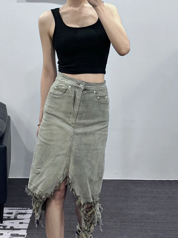 

Personalized washed broken holes asymmetric denim bustier y2k temperament versatile gray skirt female 2024 summer new