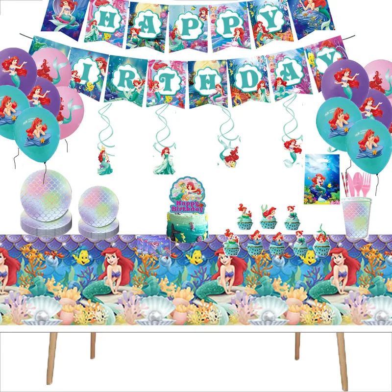 

Disney Mermaid Party Disposable Tableware Set Cups Plate Banner Balloons Birthday Party Decorations Baby Shower