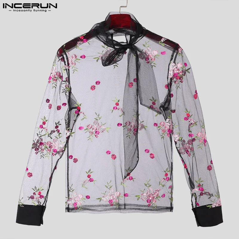 INCERUN Men Shirt Mesh Stand Collar Lace Up Long Sleeve Embroidery Camisas 2024 Sexy Streetwear Transparent Fashion Men Clothing