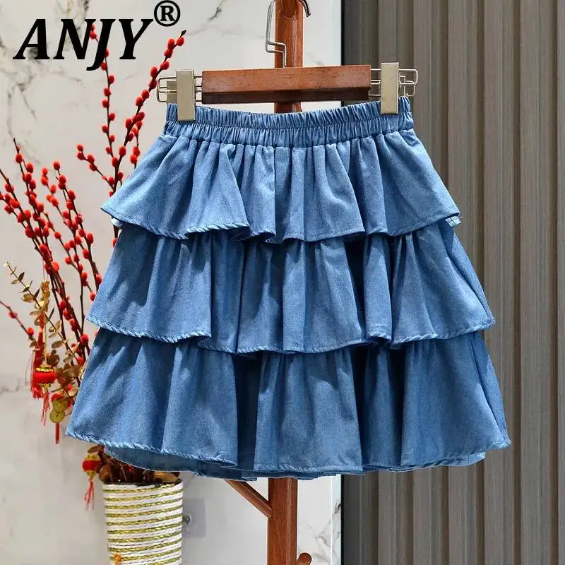 

ANJY Summer New Women Ins Y2K High Street Sweet Elegant Fashion Elastic Waist Denim Layed Ruffled A-line Short Puffy Skirt A8033