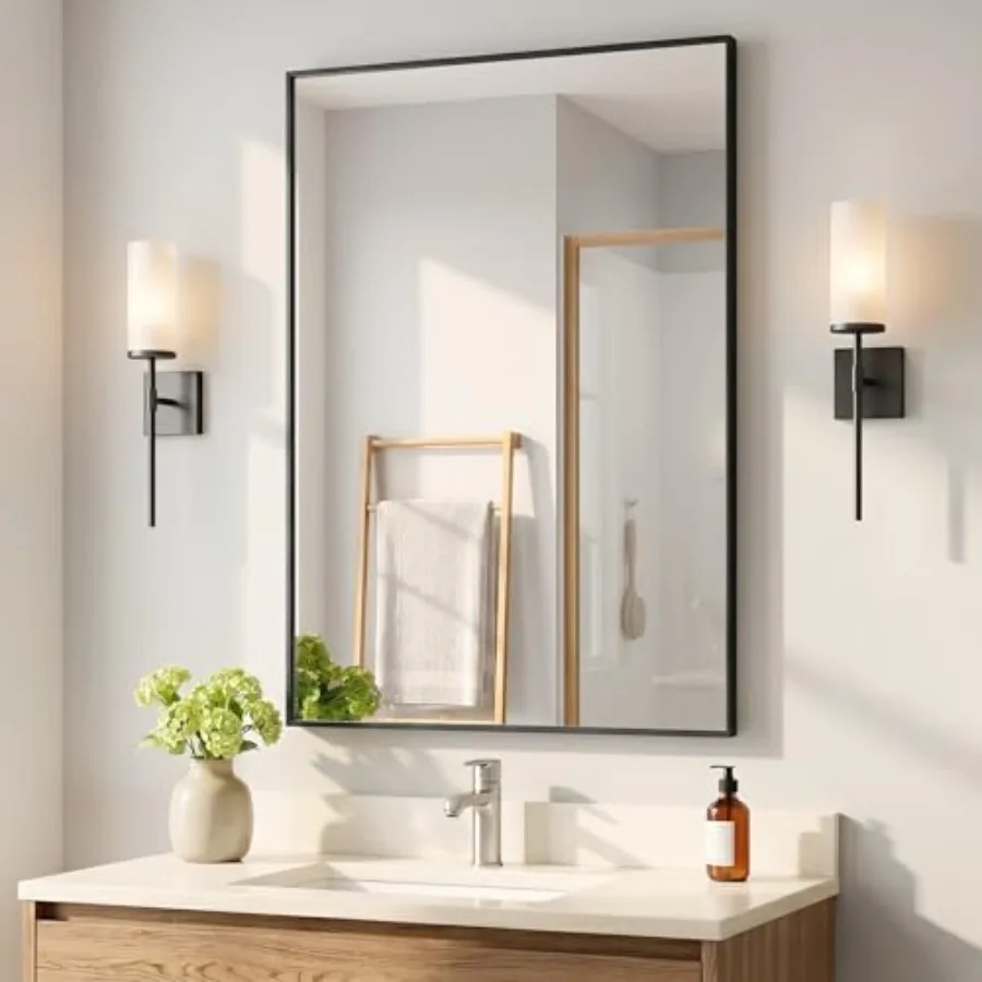 

4"x36" Bathroom Mirror for Wall, Shatterproof Tempered Glass, Rectangle Thin Metal Frame, Ultra-Flush Wall-Mounted, H/V Mount