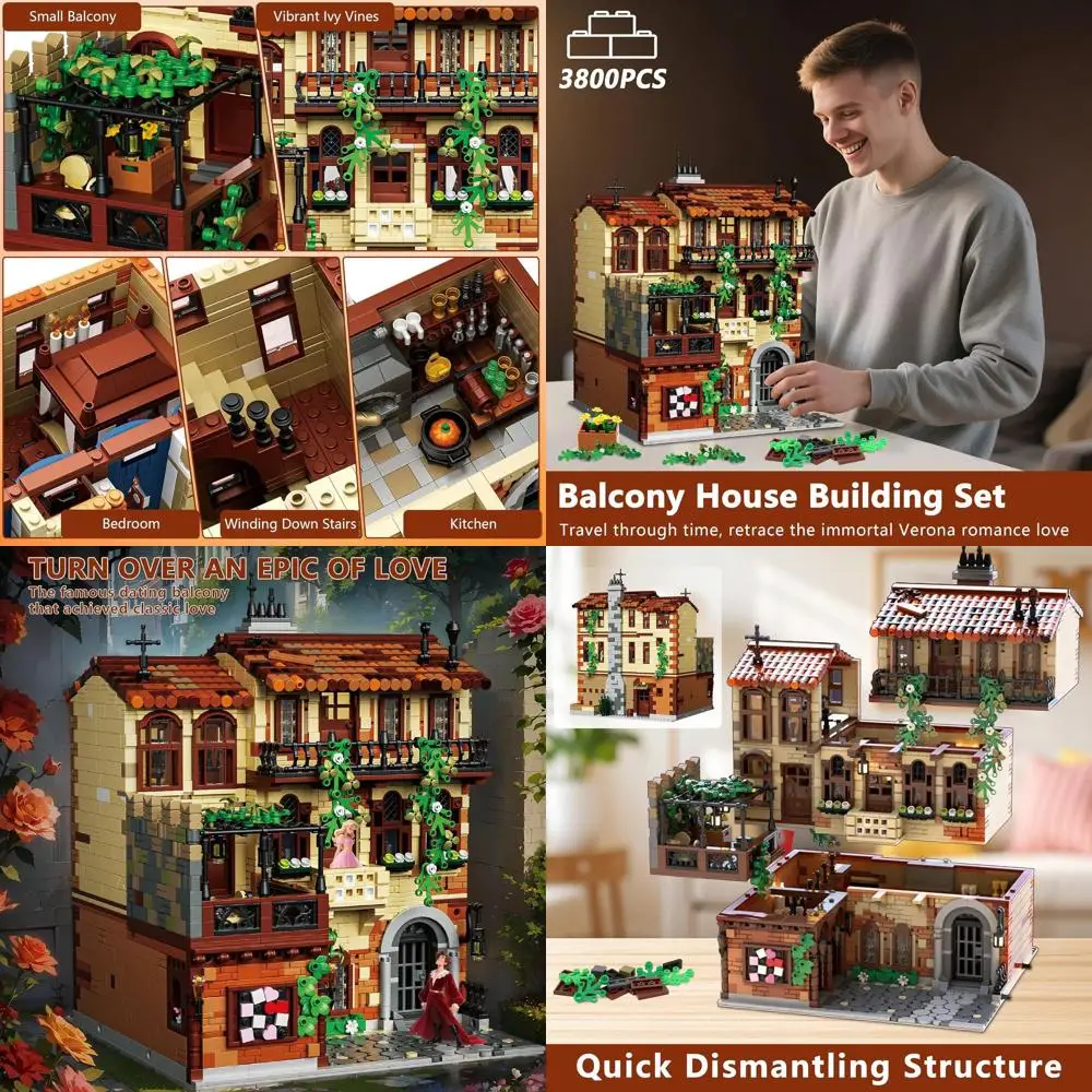 Juego de construcción de villa italiana renacentista de 3 niveles, 3800 piezas con balcón, enredaderas de hiedra, ideal para adultos y adolescentes, decoración del hogar o regalo