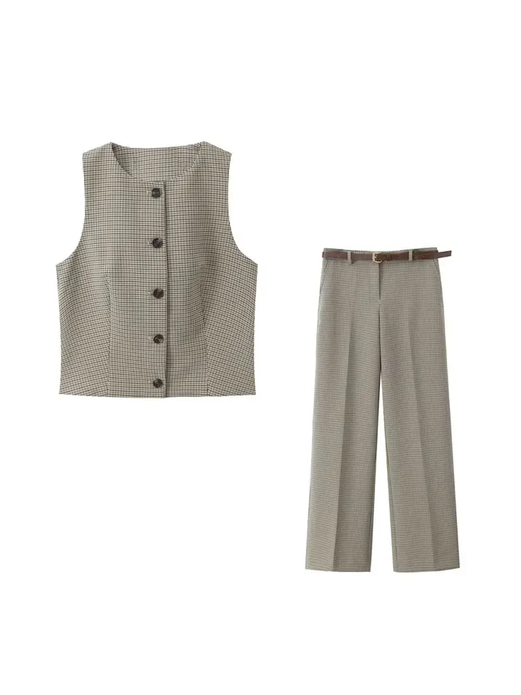 

TRZA Women Fashion Button-up Check Waistcoat And High Waist With Belt Straight Pants Female Two Piece Sets Mujer