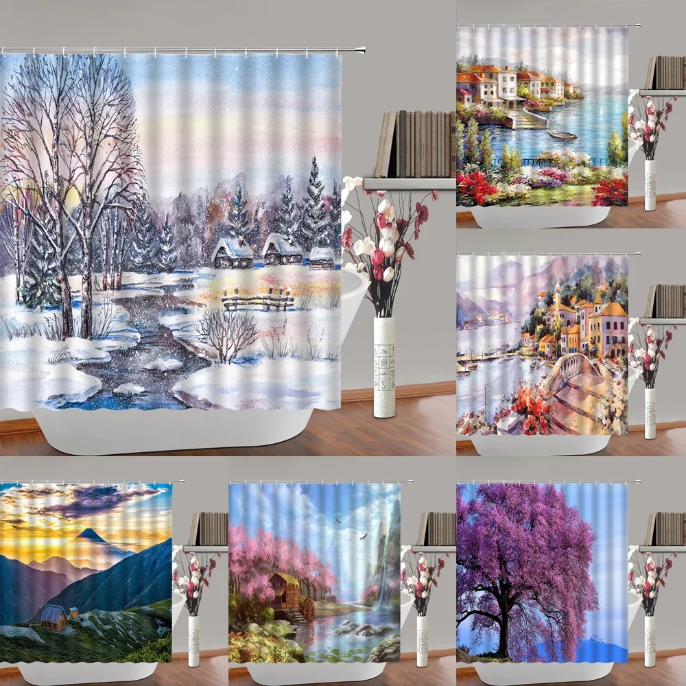 

Farmhouse Country Scenery Shower Curtain Oil Painting Rural Landscape Polyester Fabric Bathroom Curtains Decor Screen with Hooks