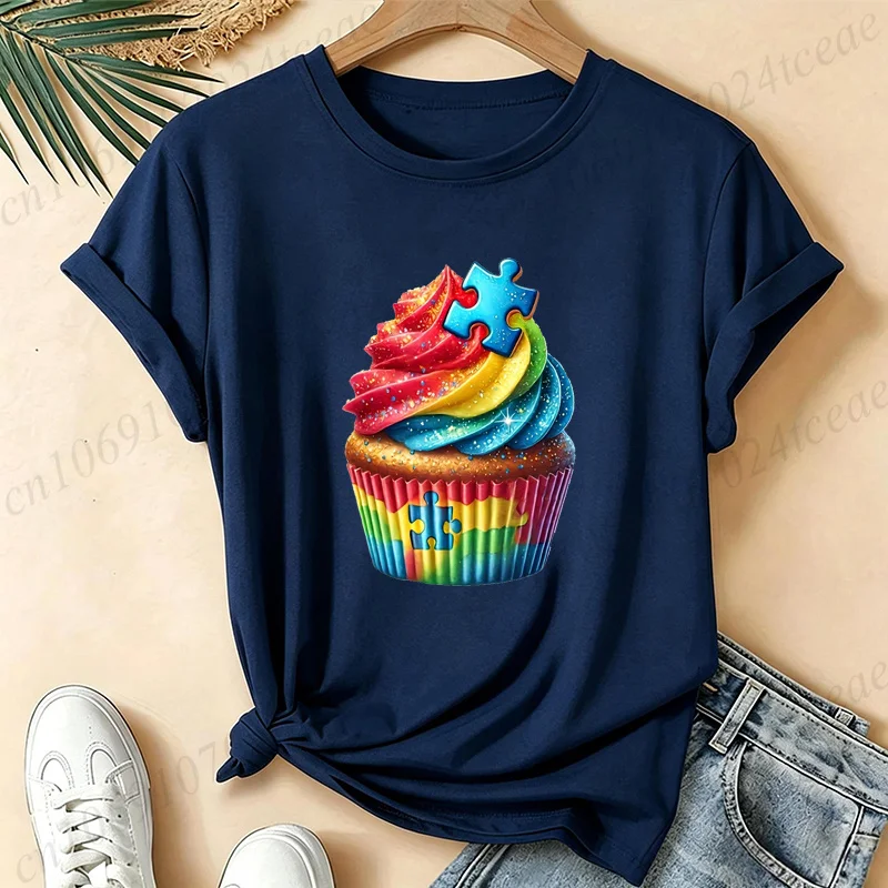 Women Men Autism Awareness Rainbow Cupcake T Shirt Cute Dessert Graphic Tee T-Shirts Autism Acceptance Short Sleeve Tops