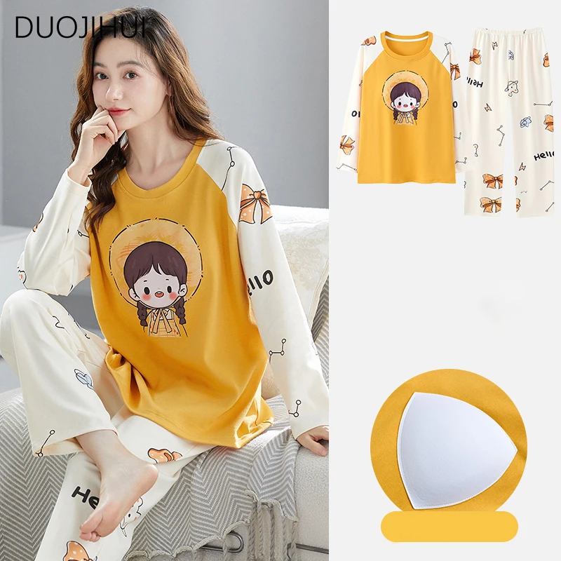 DUOJIHUI Contrast Color Chic Printed Home Pajamas for Women Spring O-neck Pullover Basic Pant Fashion Casual Female Pajamas Sets