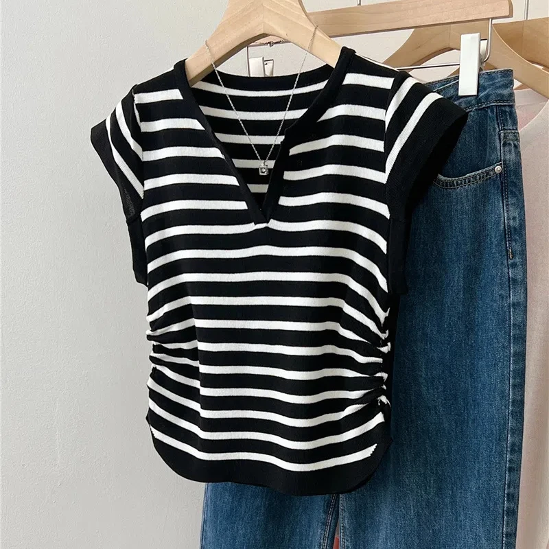 Temperament Simplicity Summer T-Shirts Women's V-Neck Striped Contrast Color Drawstring Fashion Loose Short Sleeve Knitting Tops